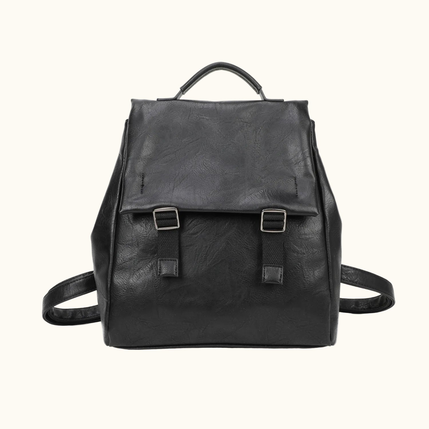 Black leather backpack on a white background