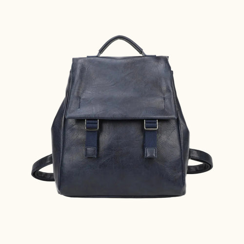 Black leather backpack on a white background