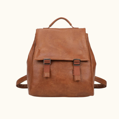 Brown leather backpack on a white background