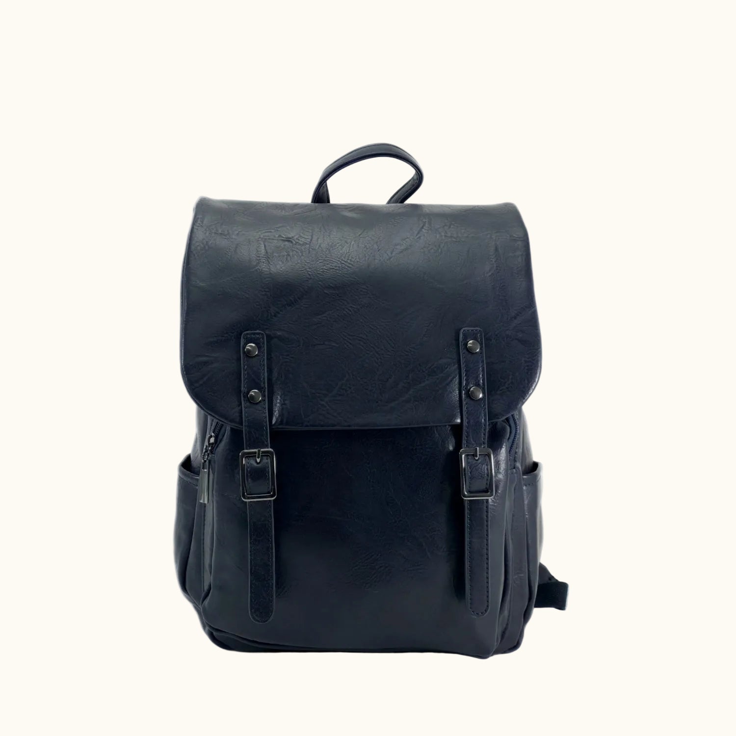 Black leather backpack on a white background