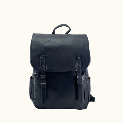 Black leather backpack on a white background