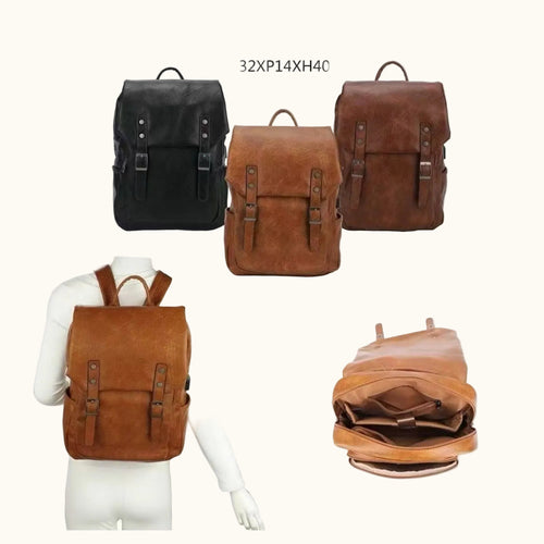 Three leather backpacks in black and brown on a white background, with one backpack on a mannequin.