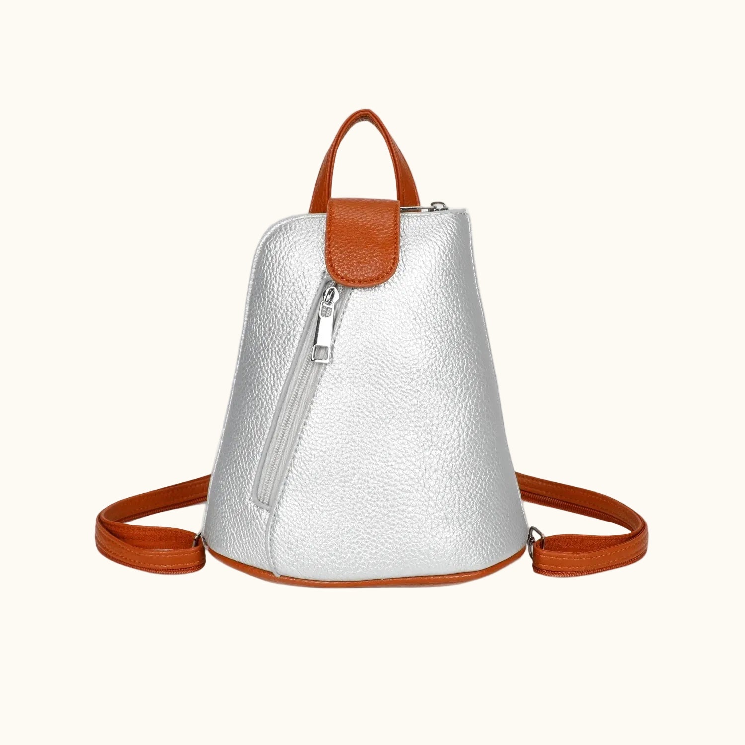Silver backpack with brown accents on a white background