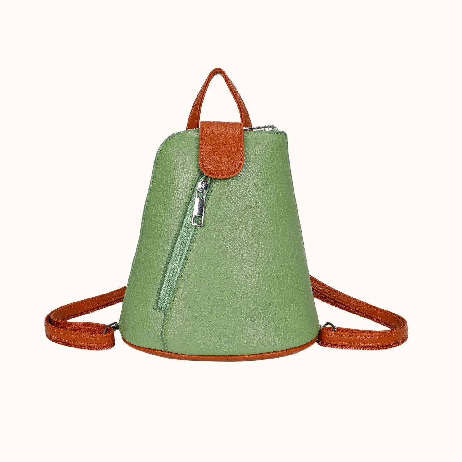 Green backpack with brown accents on a white background