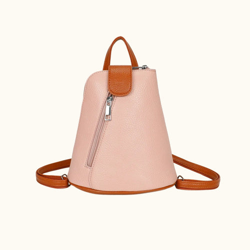 Pink backpack with brown accents on a white background