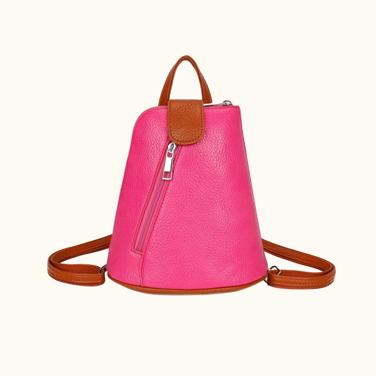 Pink backpack with brown straps and accents on a white background