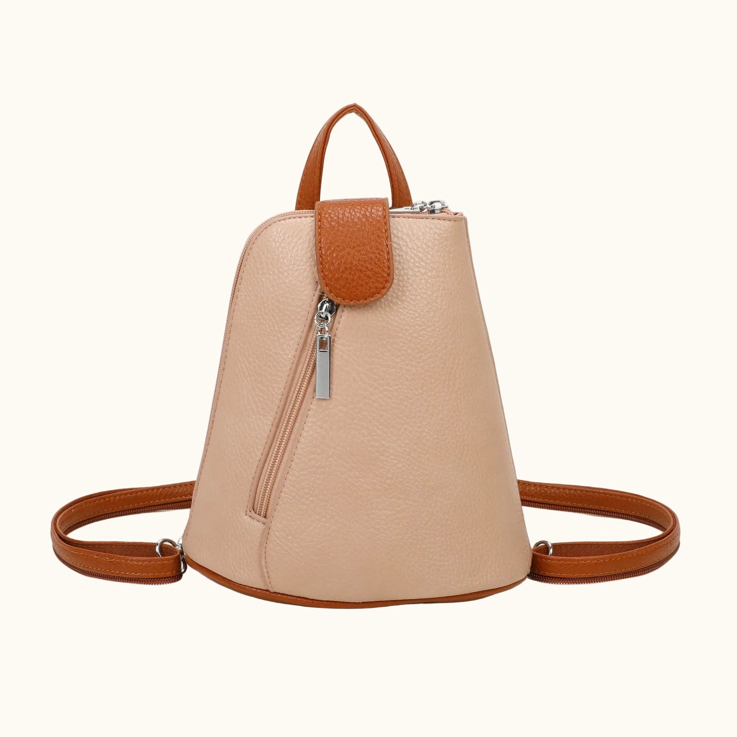 Beige backpack with brown accents on a white background
