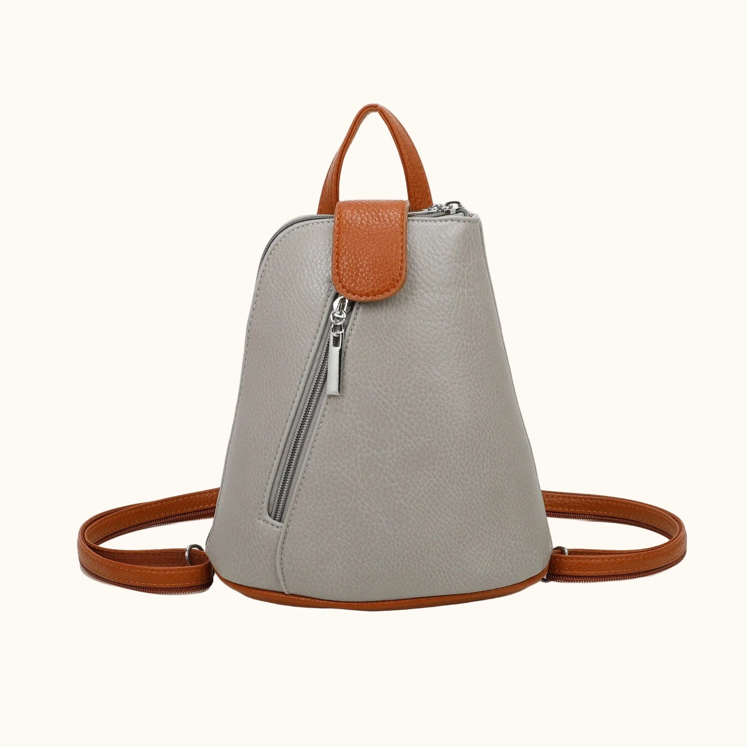 Gray backpack with brown leather accents on a white background