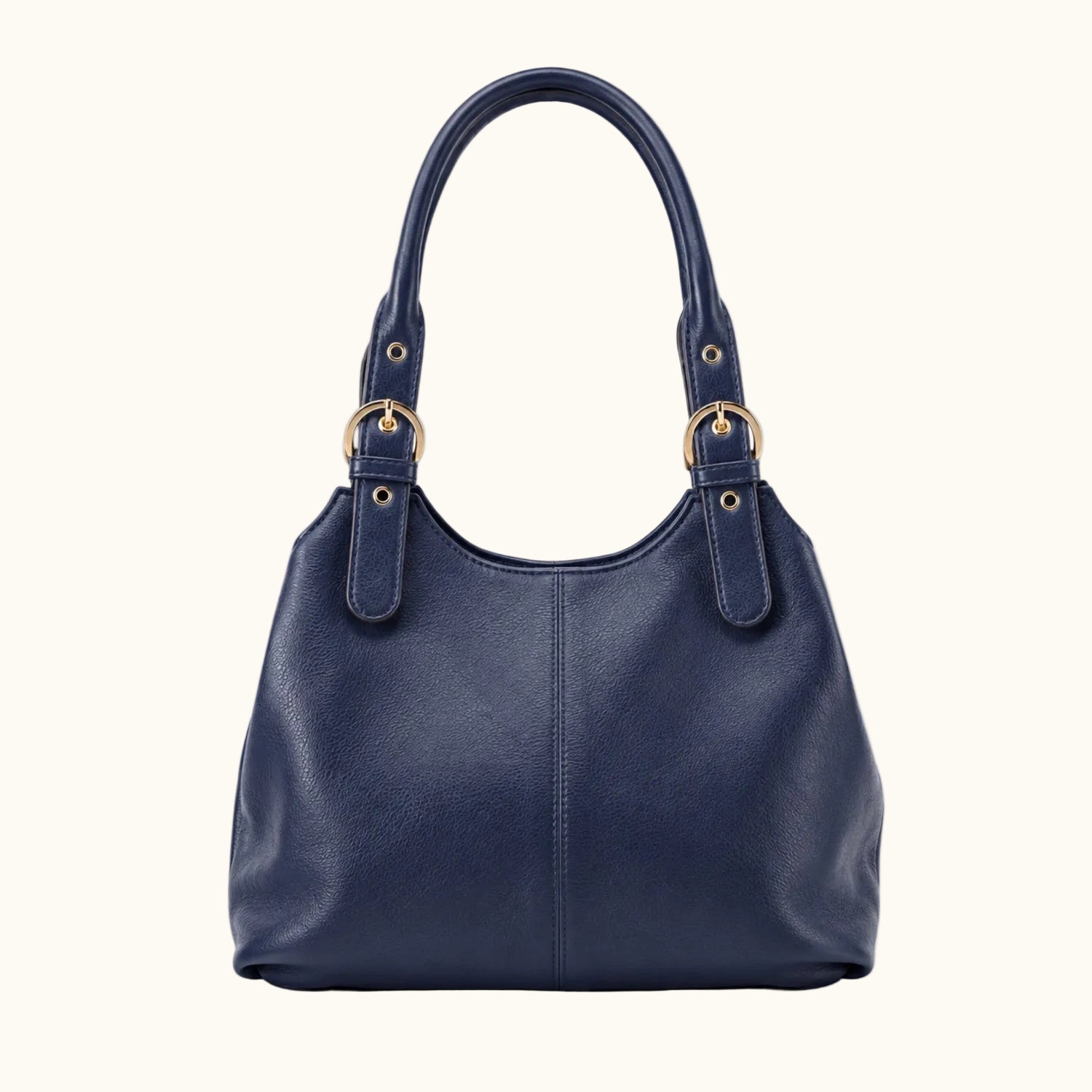 Navy blue handbag with gold hardware on a white background