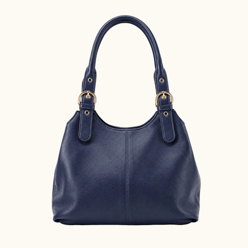 Navy blue handbag with gold hardware on a white background
