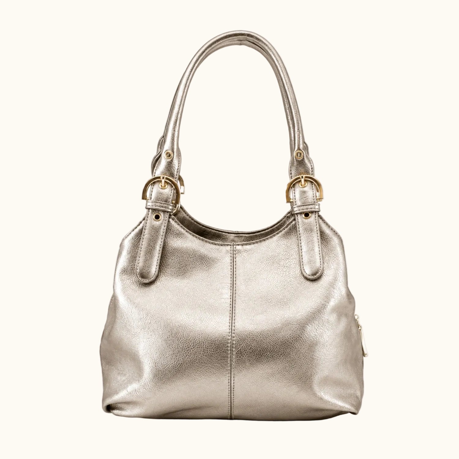 Silver handbag with gold accents on a white background