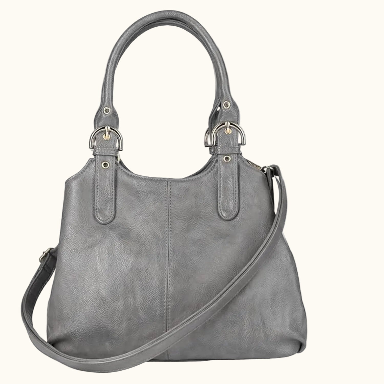Gray handbag with a shoulder strap on a white background