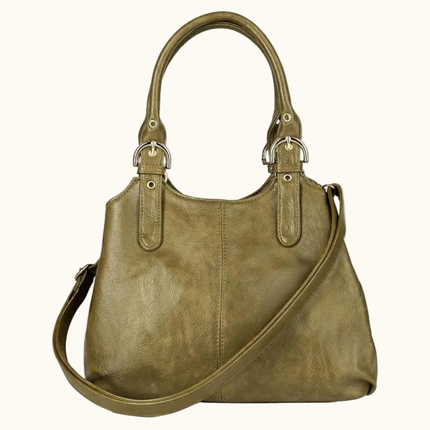 Green leather handbag with a shoulder strap on a white background