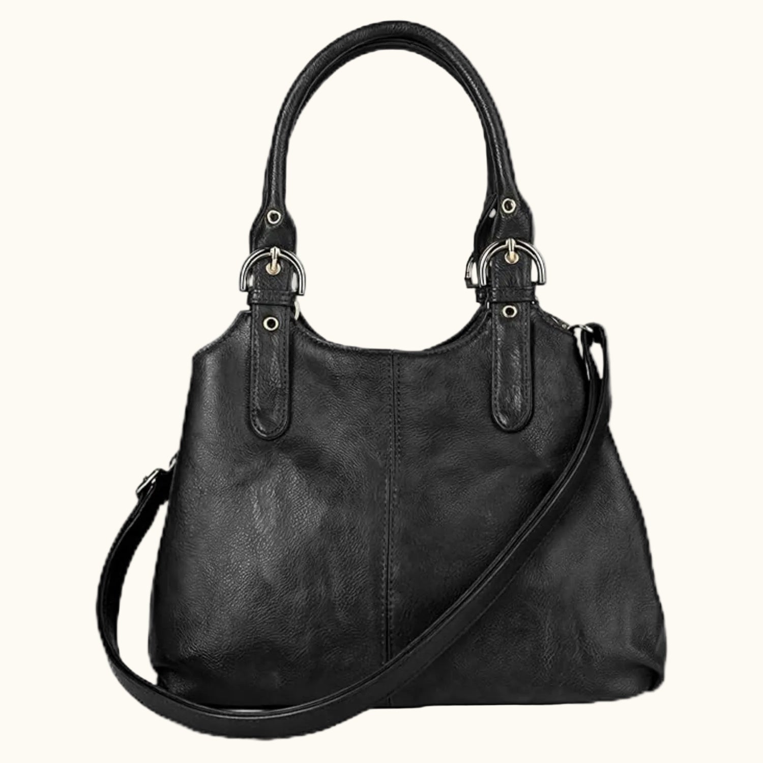 Black handbag with a shoulder strap on a white background