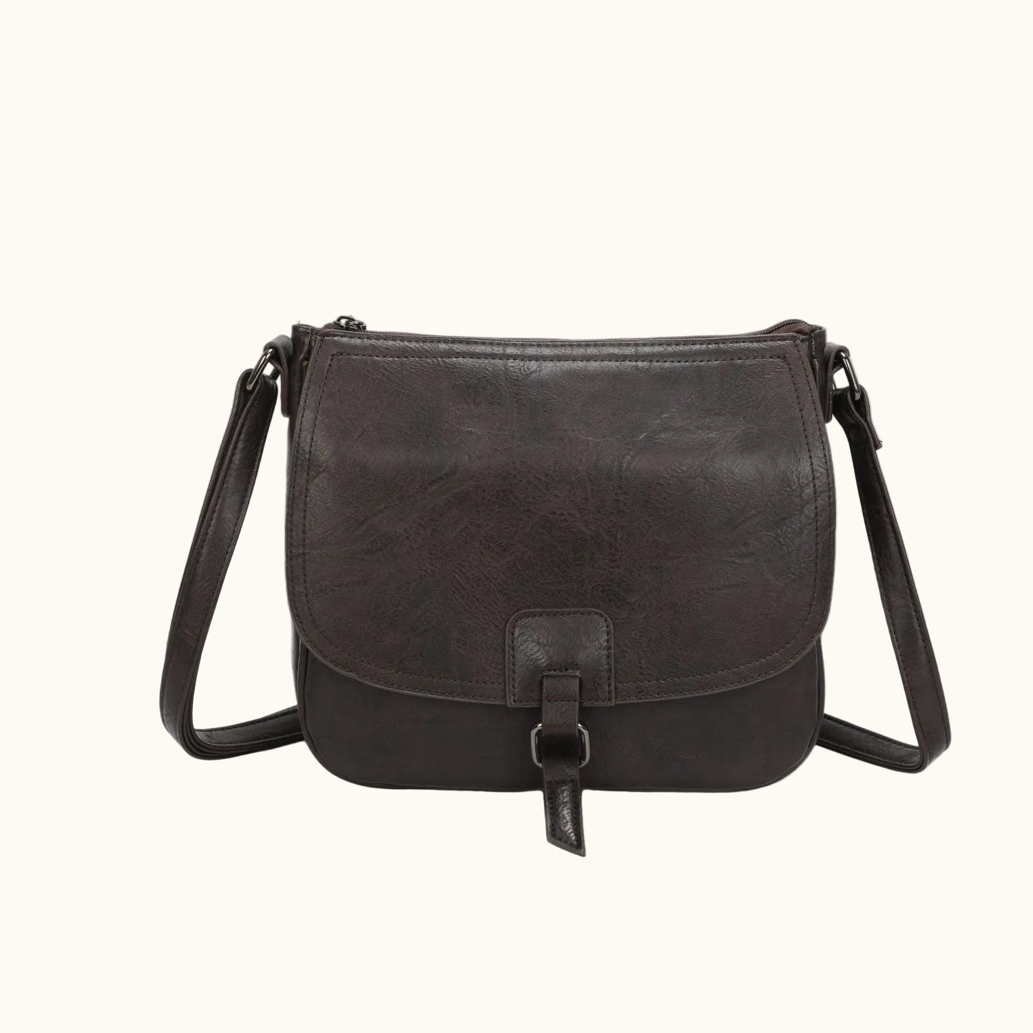 Black leather crossbody bag on a white background