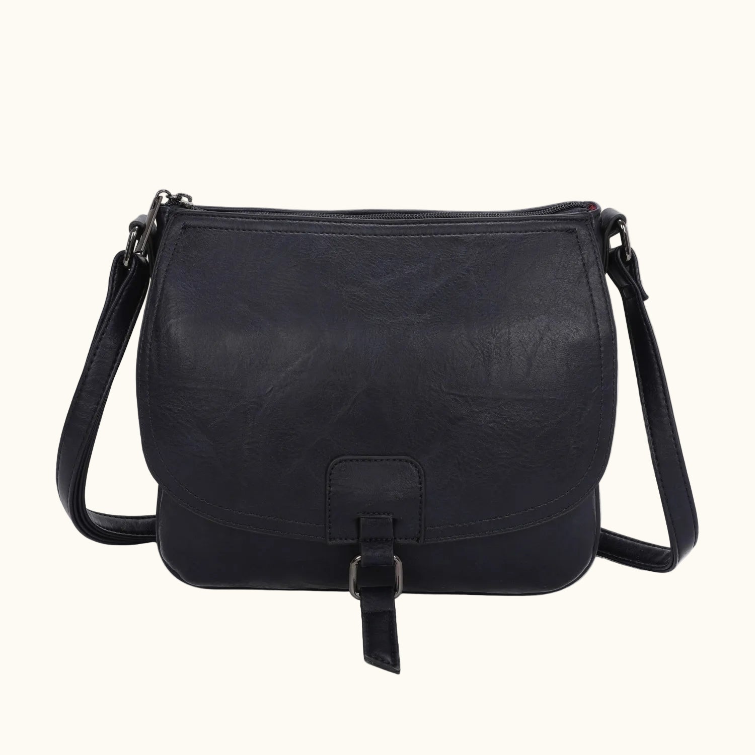Black leather crossbody bag on a white background