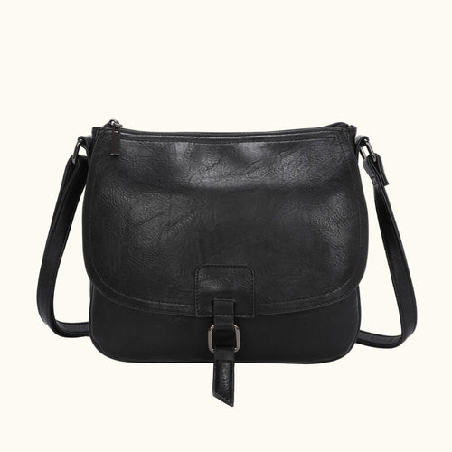 Black leather handbag with a strap on a white background