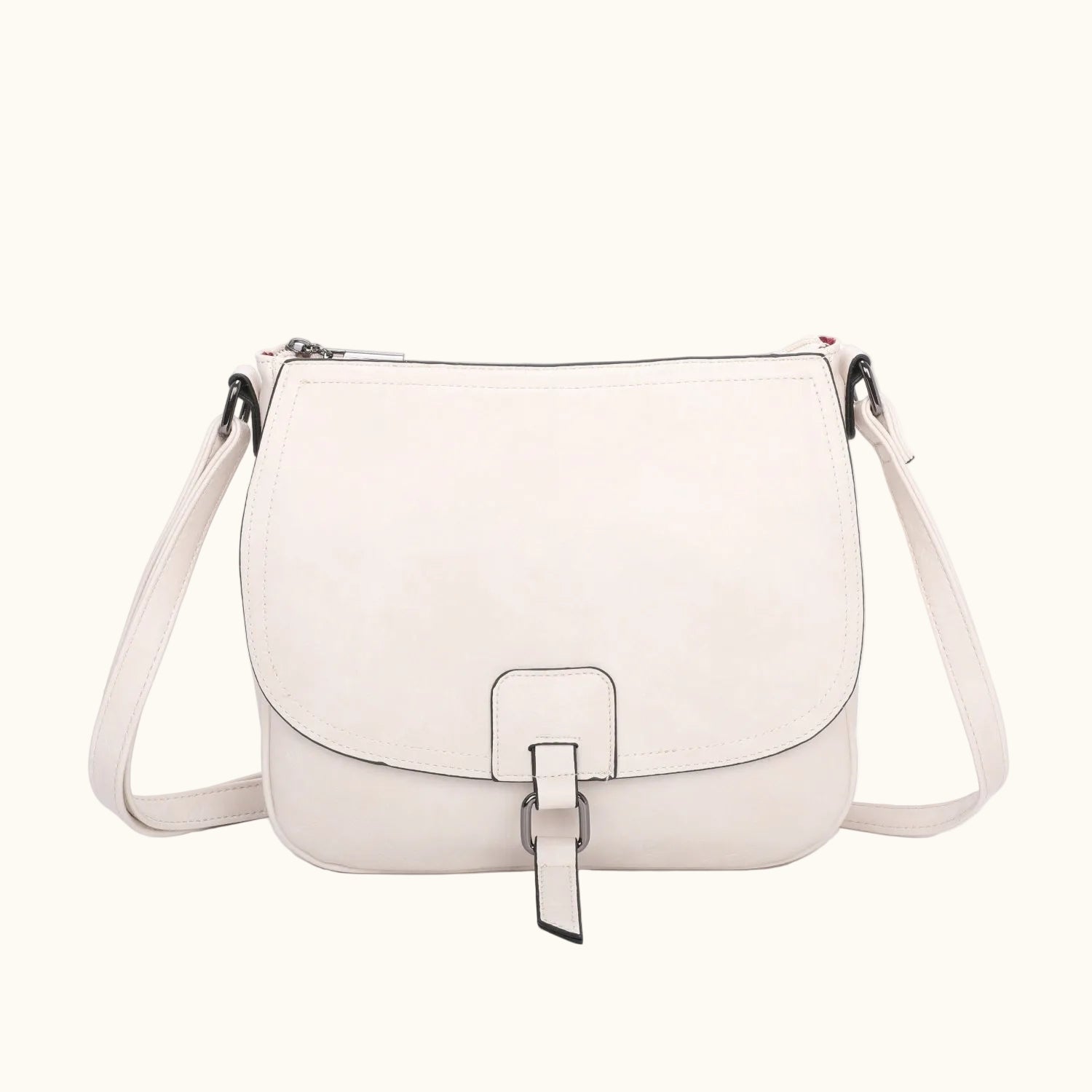 White handbag with a strap on a white background