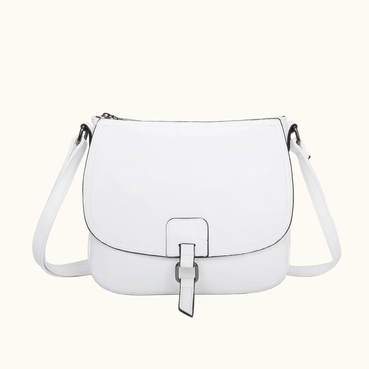 White handbag with a strap on a white background