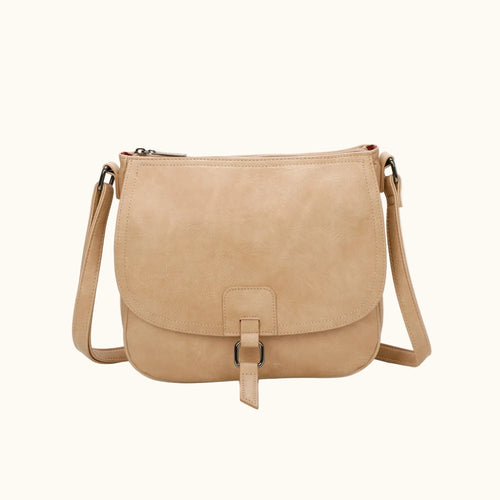 Beige crossbody bag on a white background