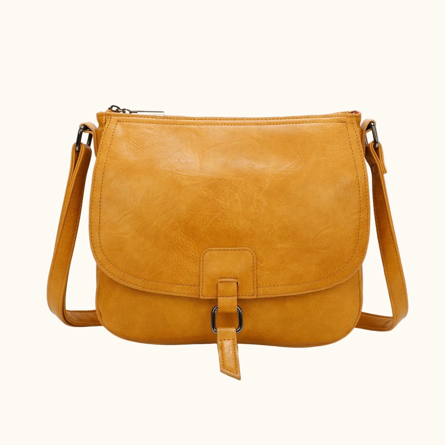 Brown leather shoulder bag on a white background