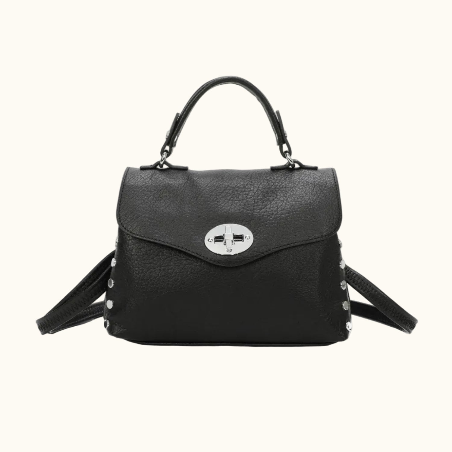 Black handbag with a silver clasp on a white background