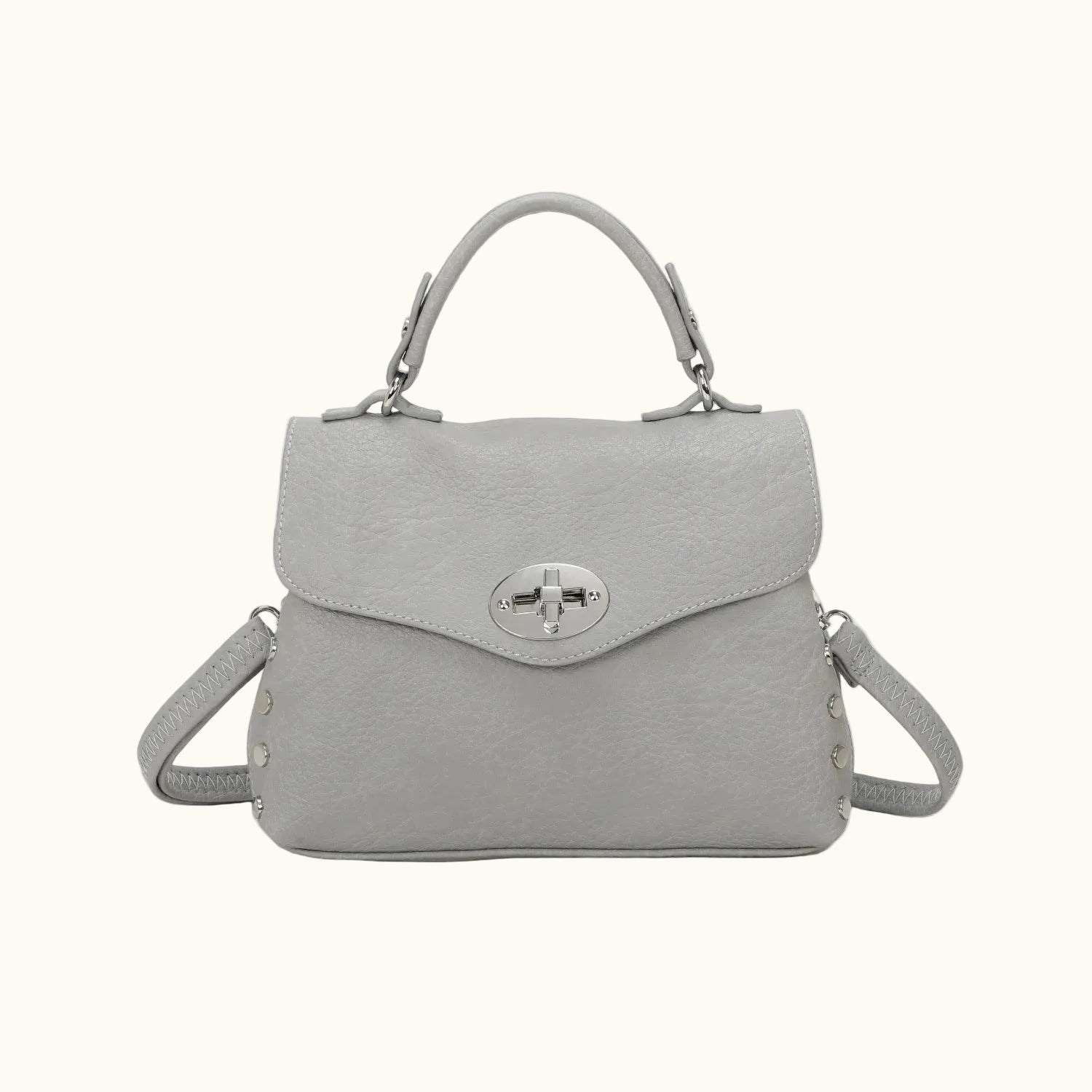 Gray handbag with a silver clasp on a white background