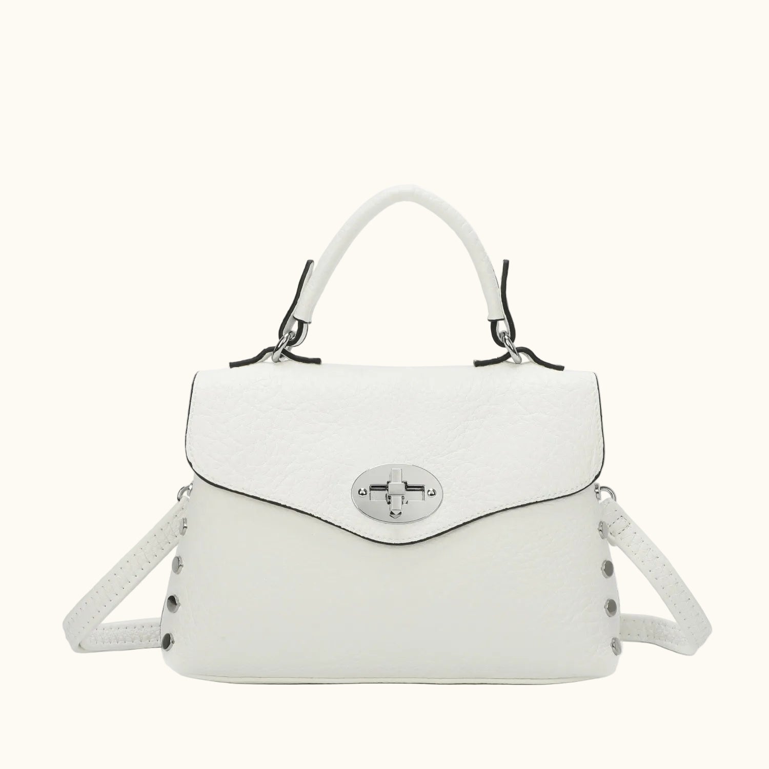 White handbag with a silver clasp on a white background