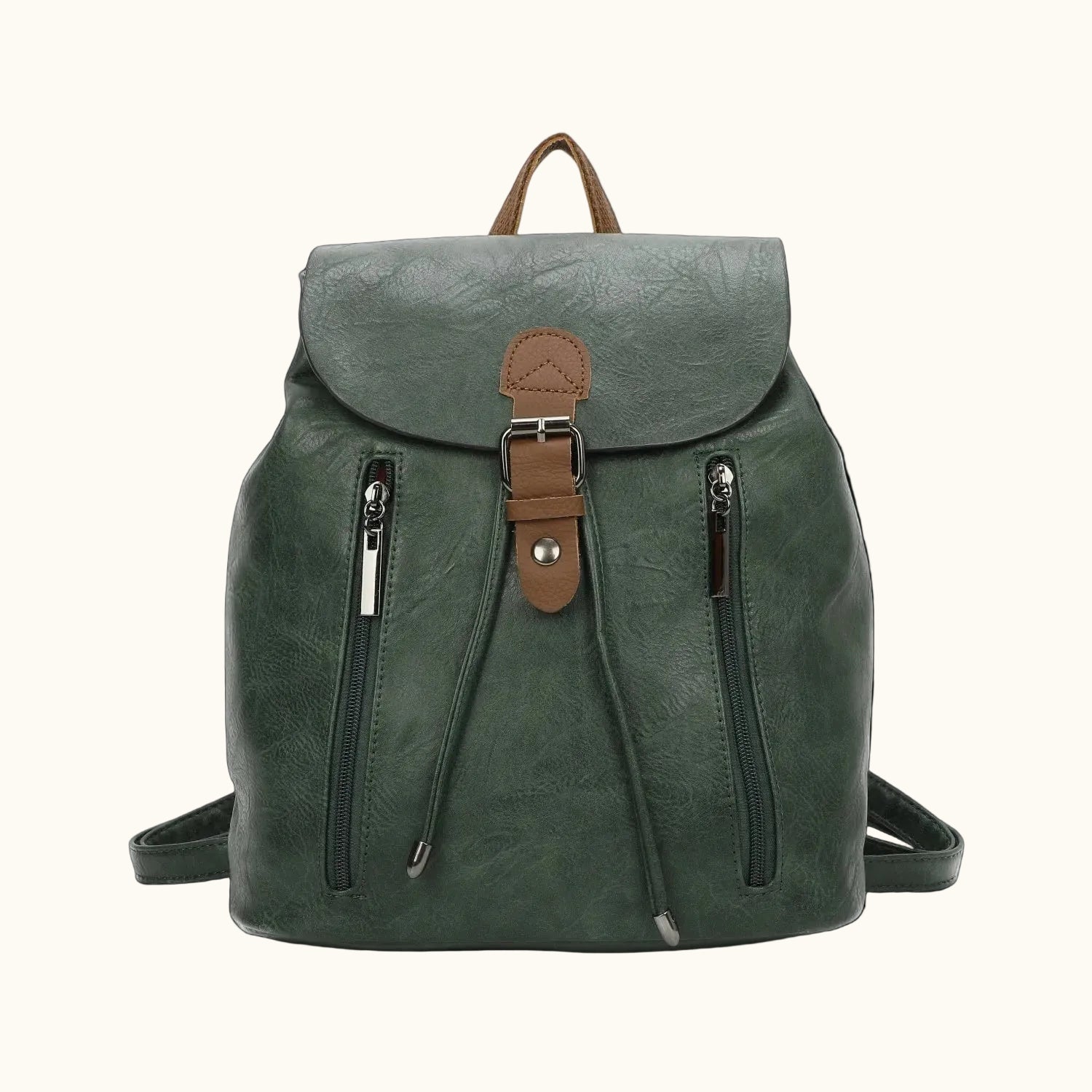 Green backpack with brown accents on a white background