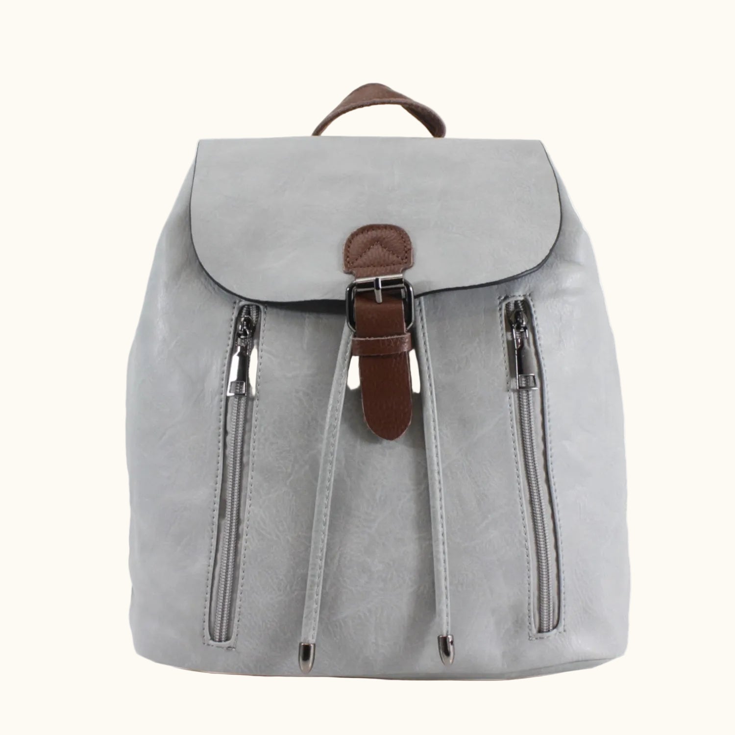 Gray backpack with brown straps on a white background
