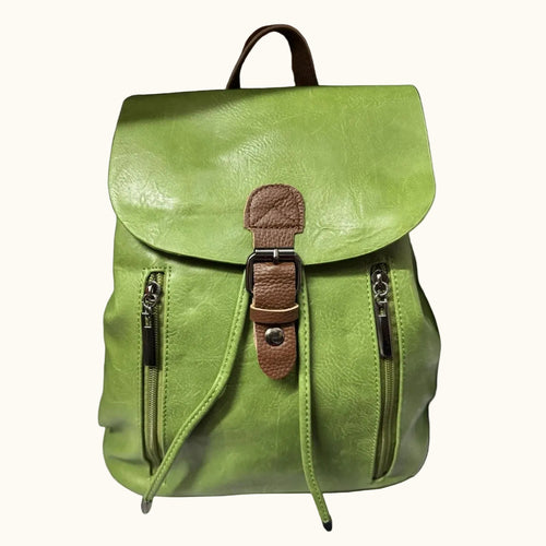 Green leather backpack with brown accents on a white surface