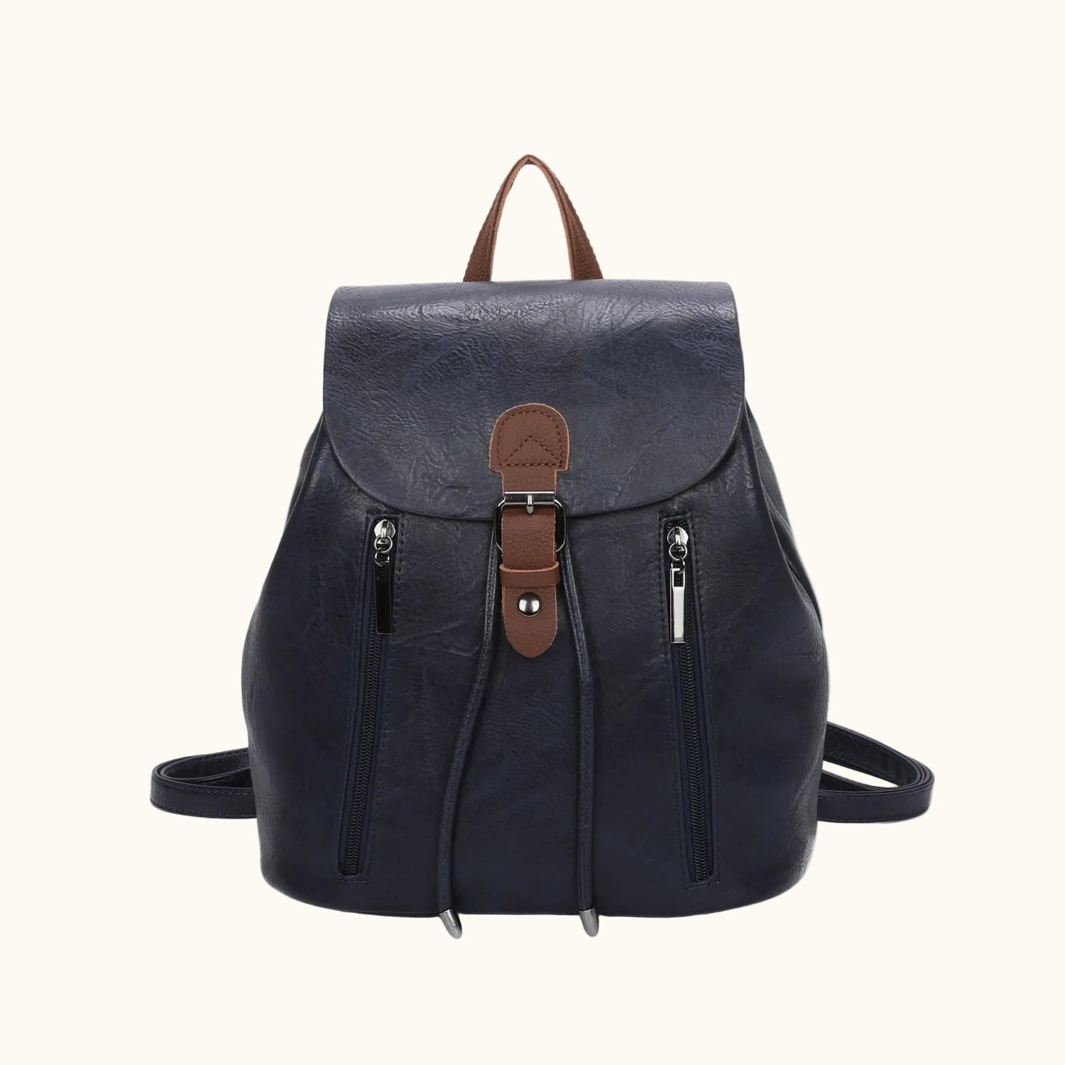 Black backpack with brown accents on a white background