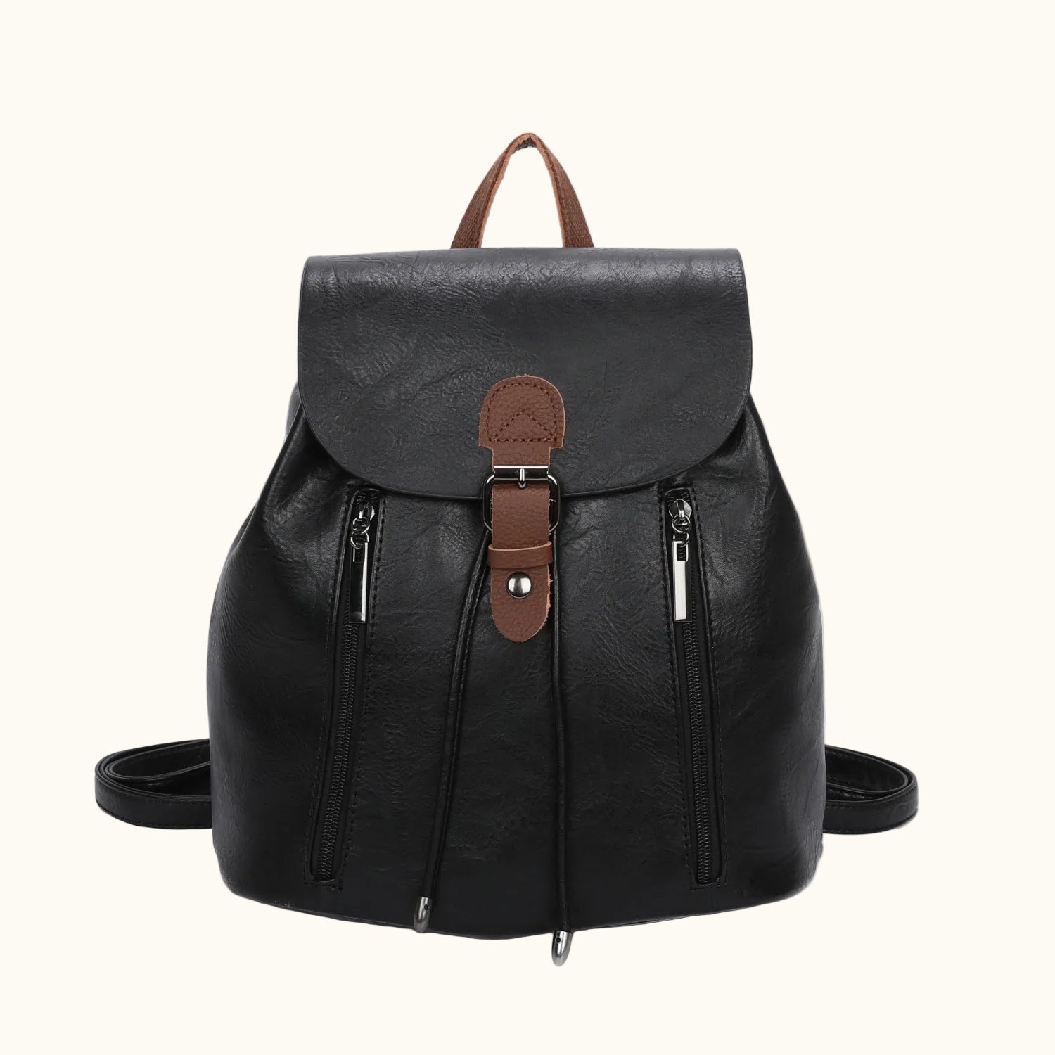 Black leather backpack with brown straps on a white background