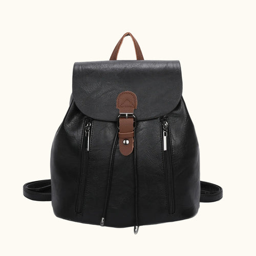 Black leather backpack with brown straps on a white background