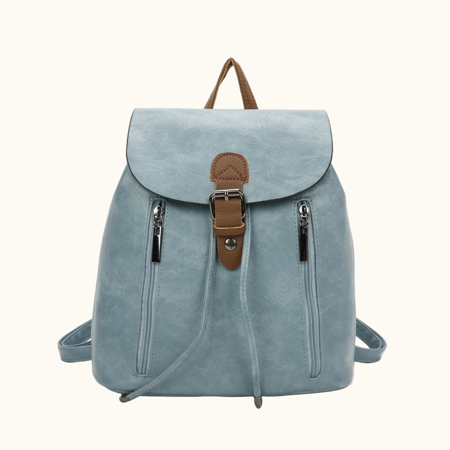 Light blue backpack with brown straps on a white background