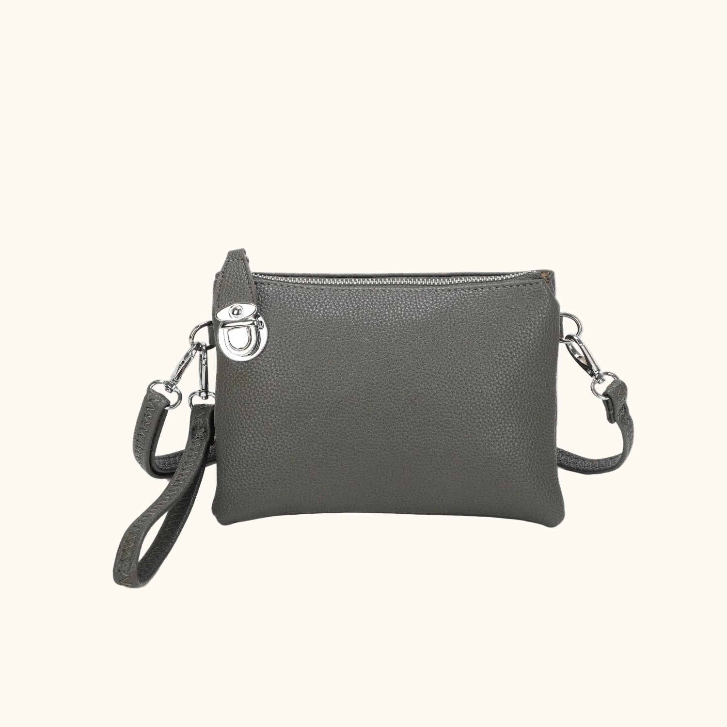 Gray crossbody bag with a strap on a white background