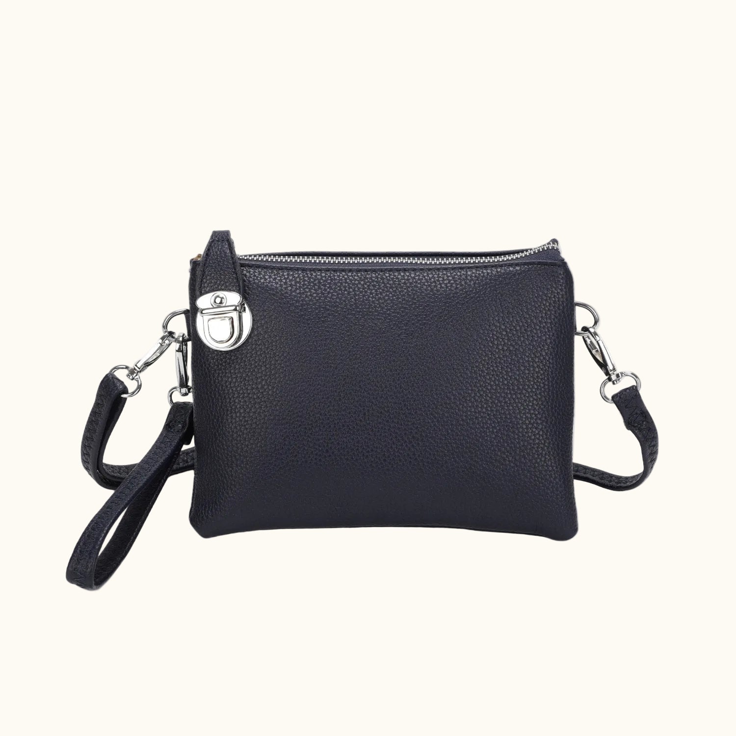 Black leather crossbody bag with silver clasp on a white background