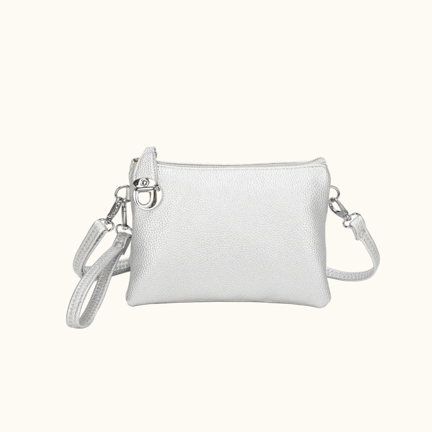 Silver crossbody bag on a white background