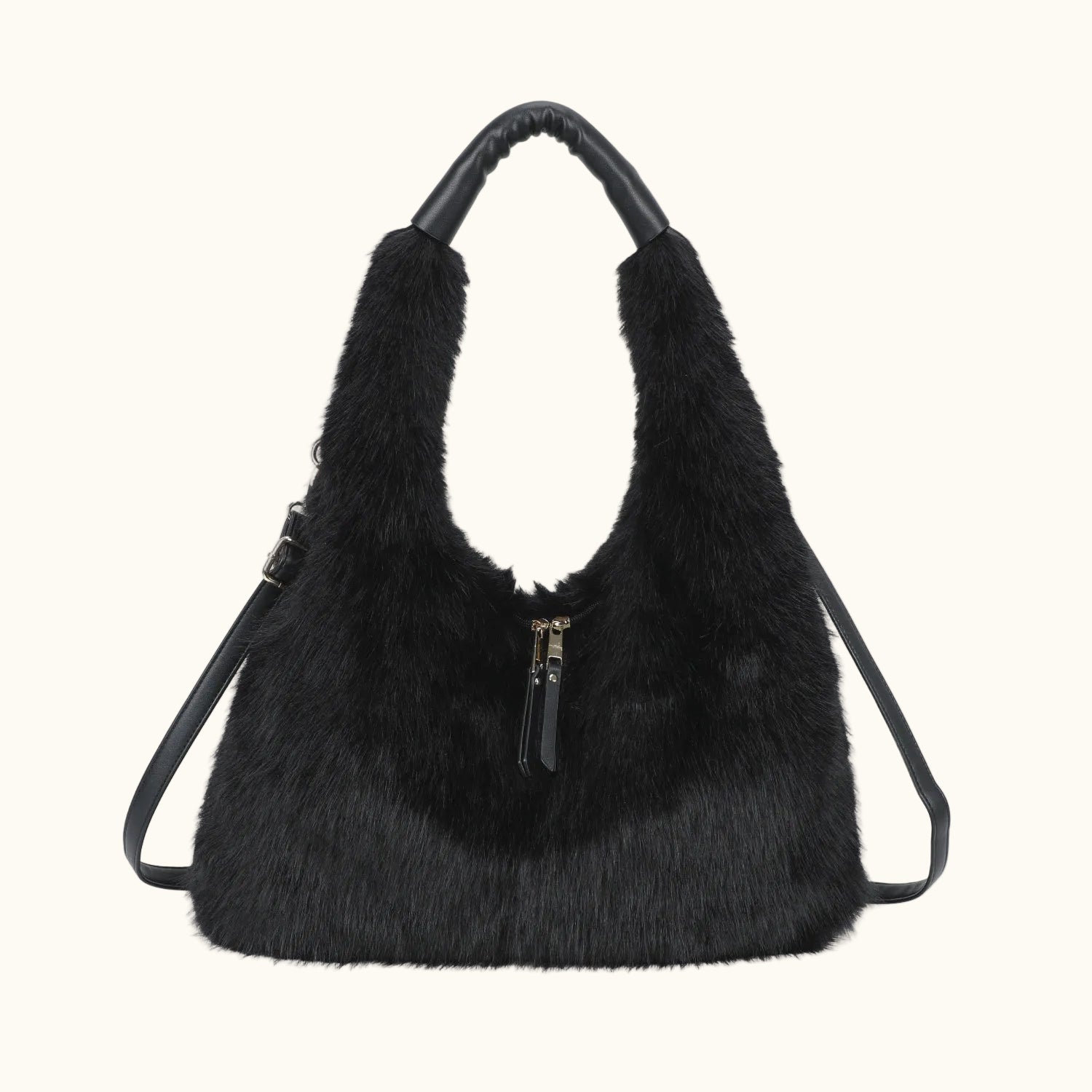Black fur handbag with a visible zipper on a white background