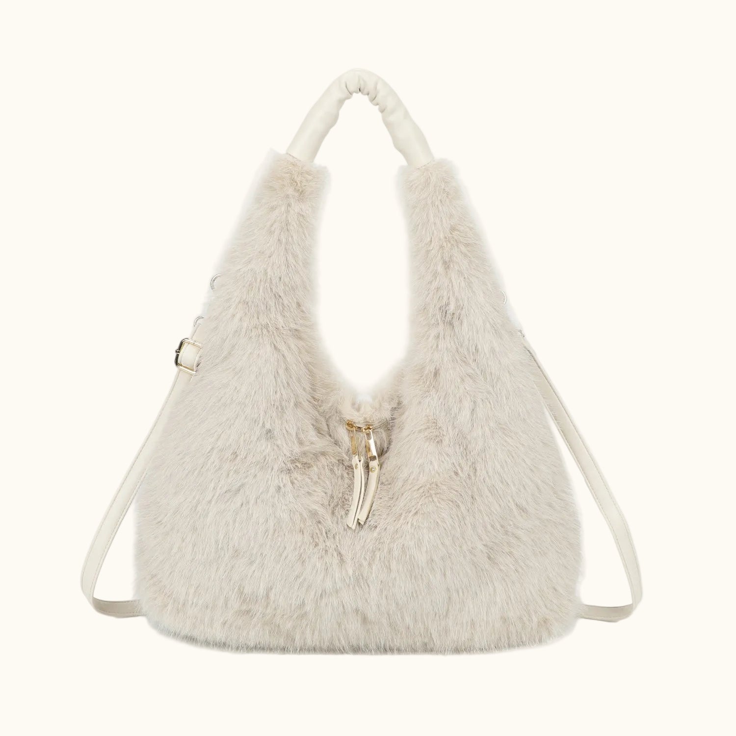 Fluffy beige handbag with a gold zipper on a white background