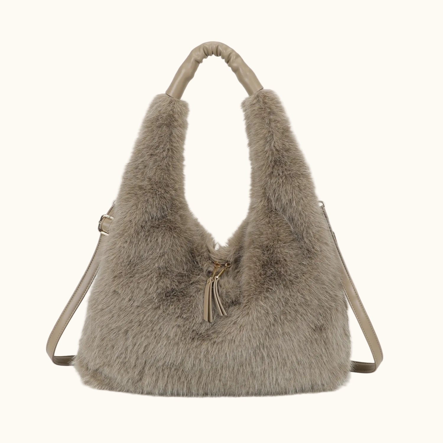Gray fur handbag with a shoulder strap on a white background