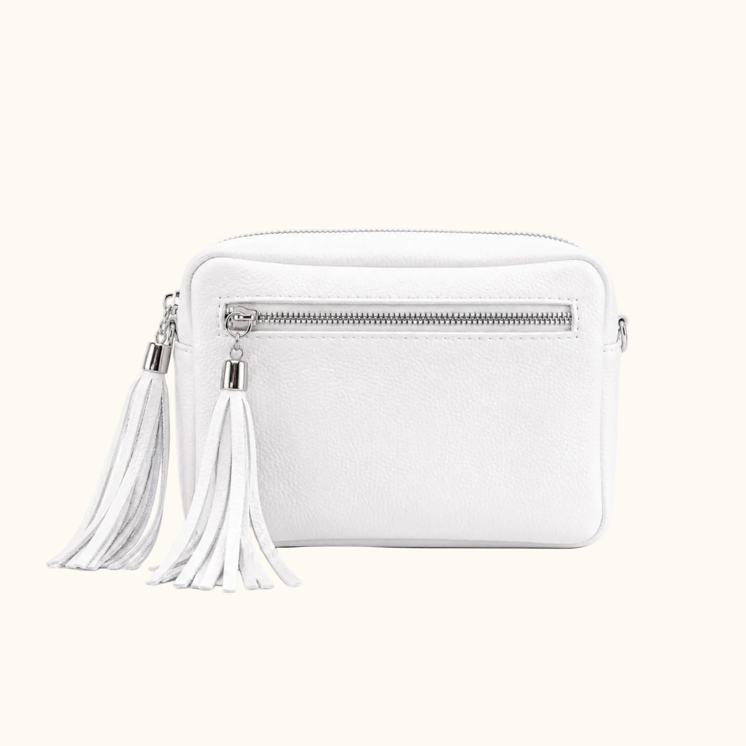 White handbag with tassels on a white background
