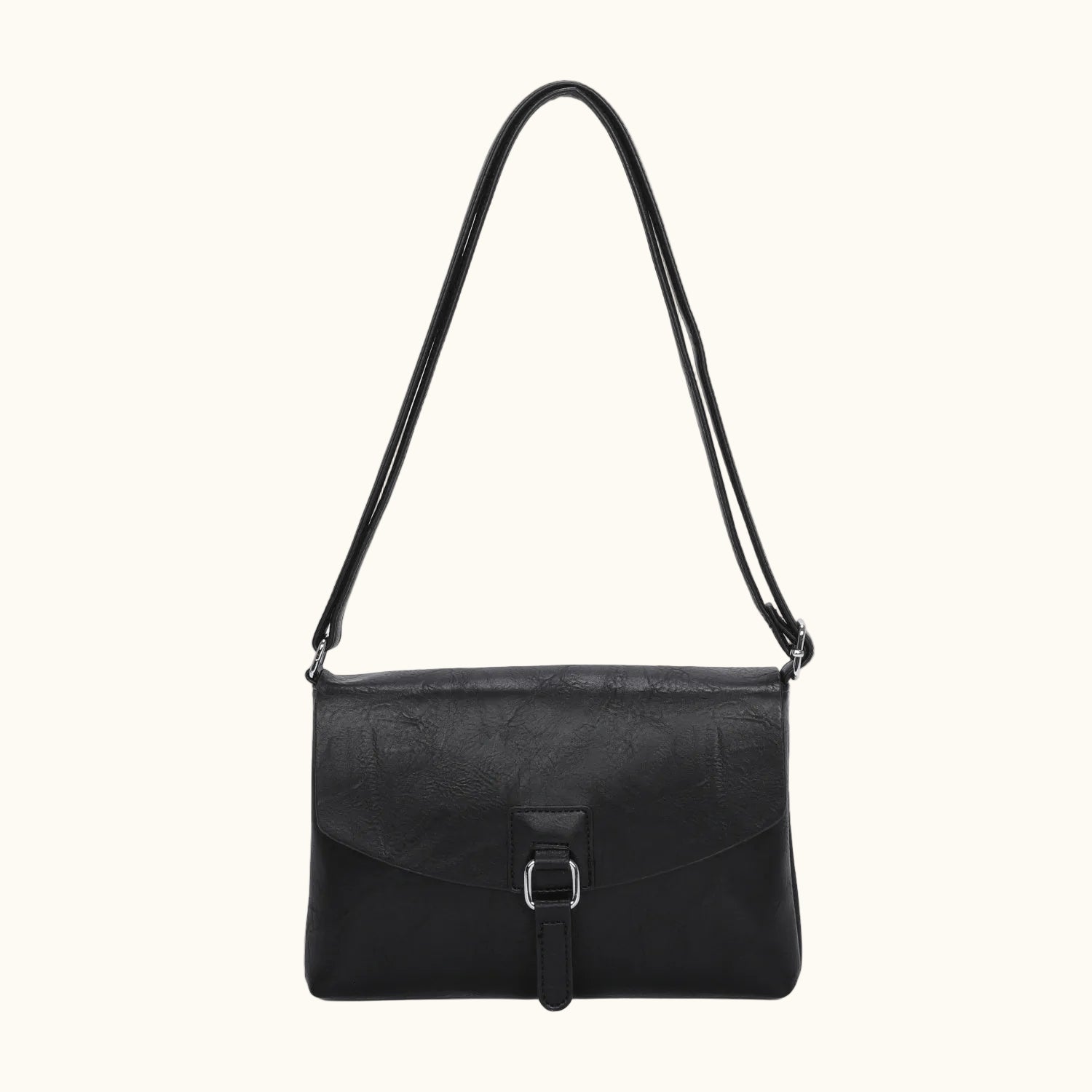 Black handbag with a strap on a white background