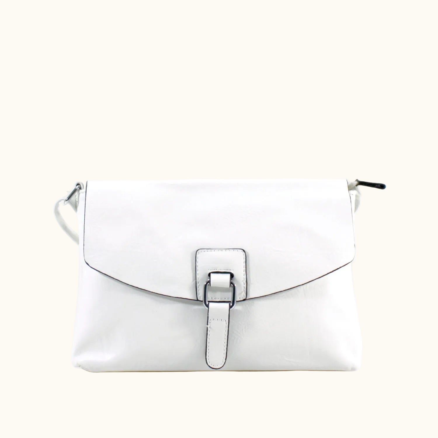 White handbag with a buckle on a white background