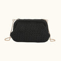 Black knitted handbag with a chain strap on a white background
