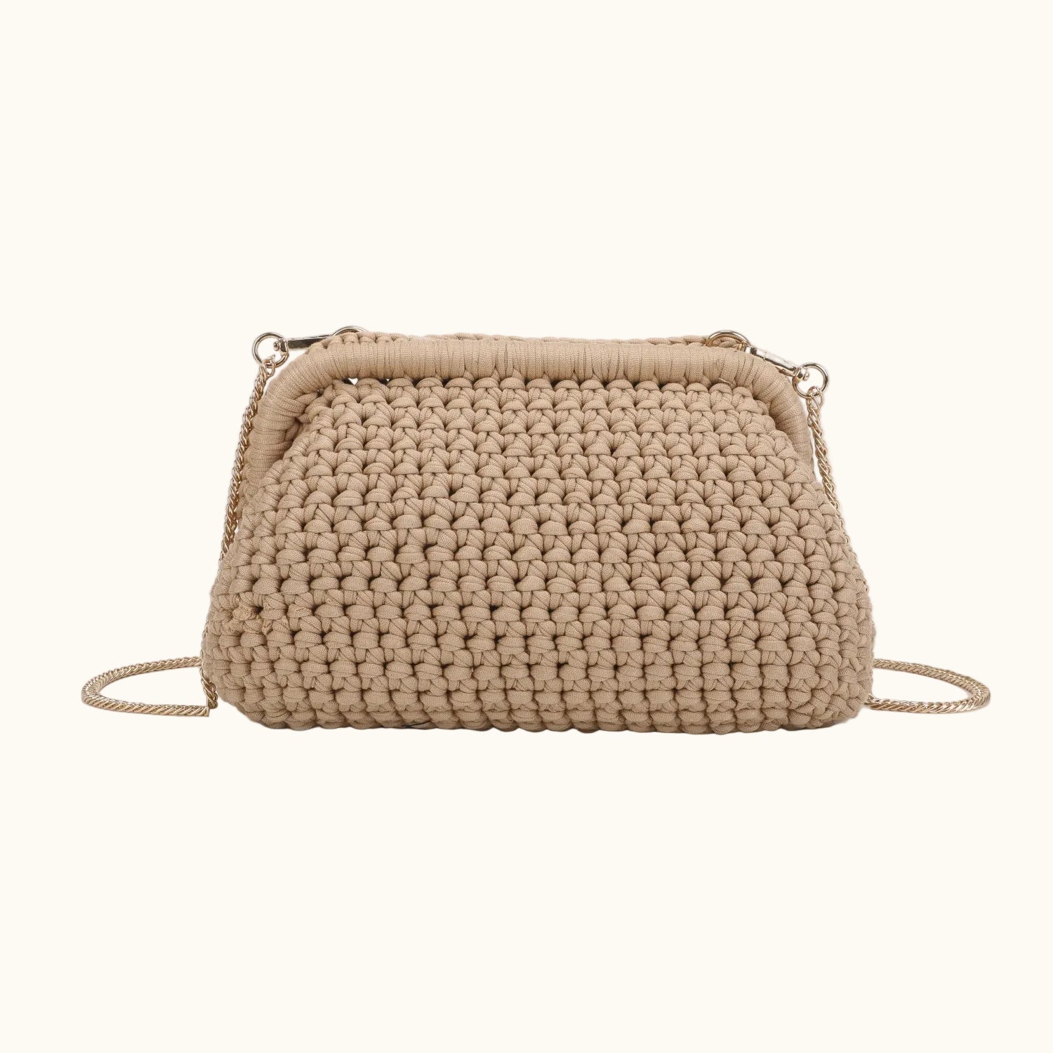 Beige woven handbag on a white background