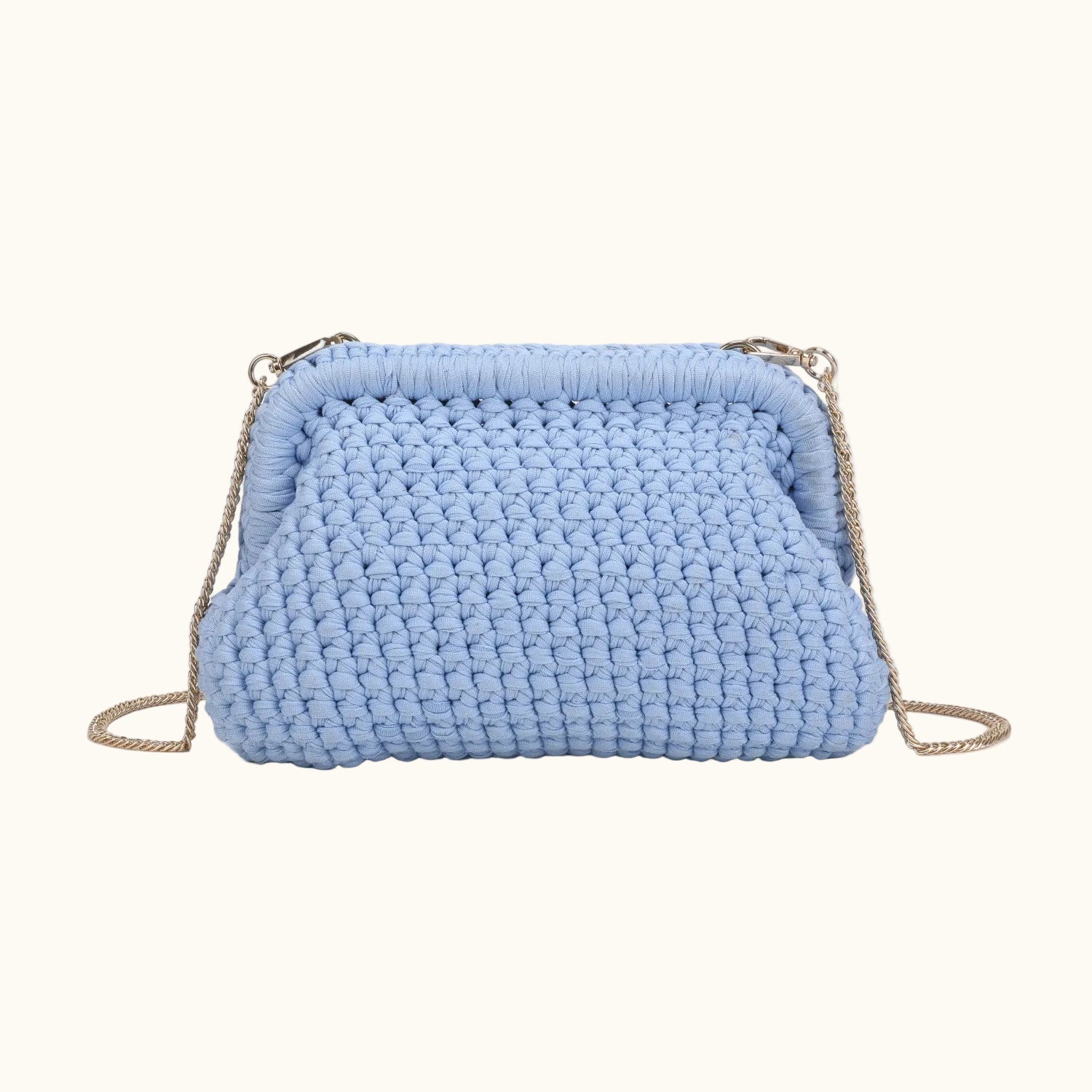 Blue woven handbag with a chain strap on a white background
