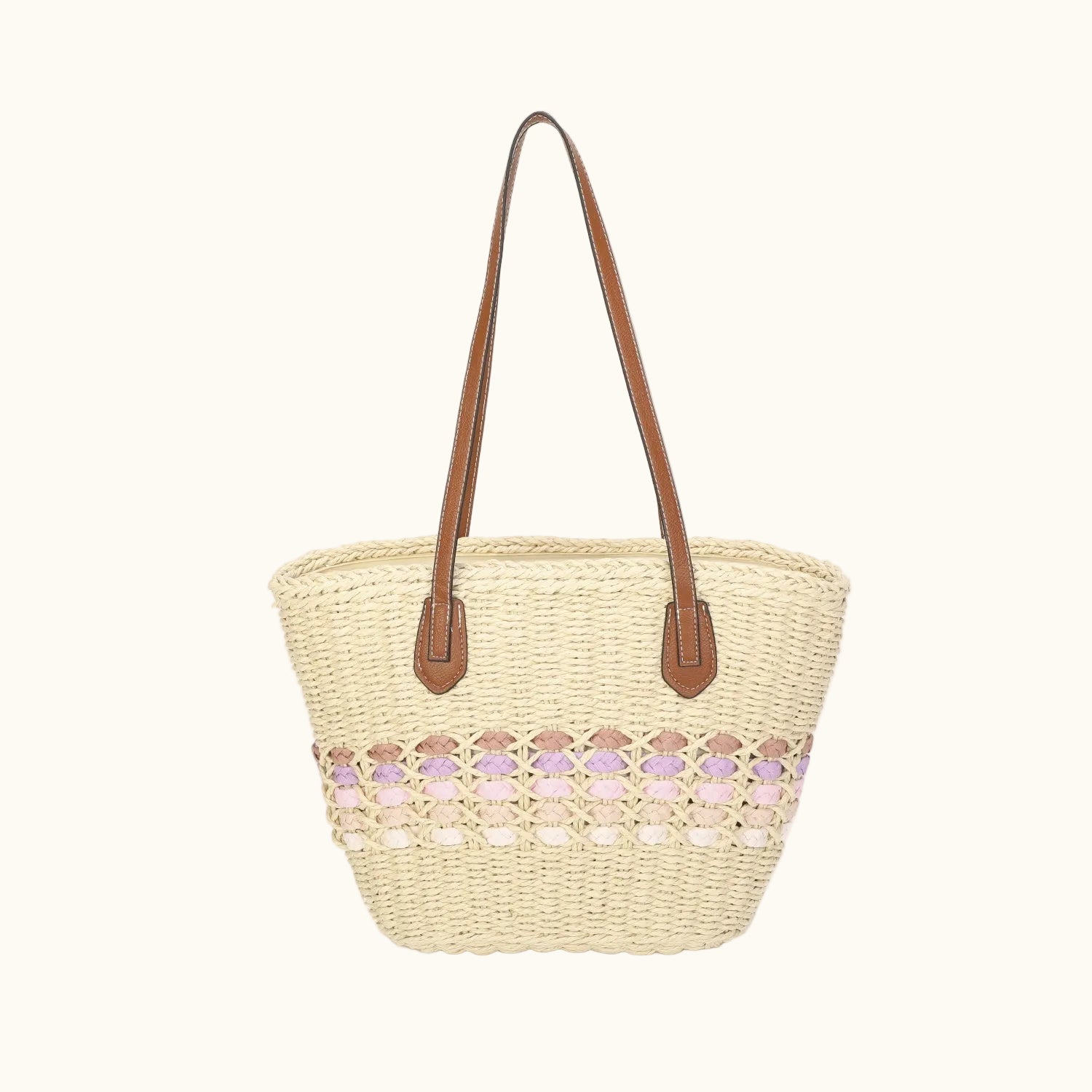 Woven handbag with brown handles on a white background