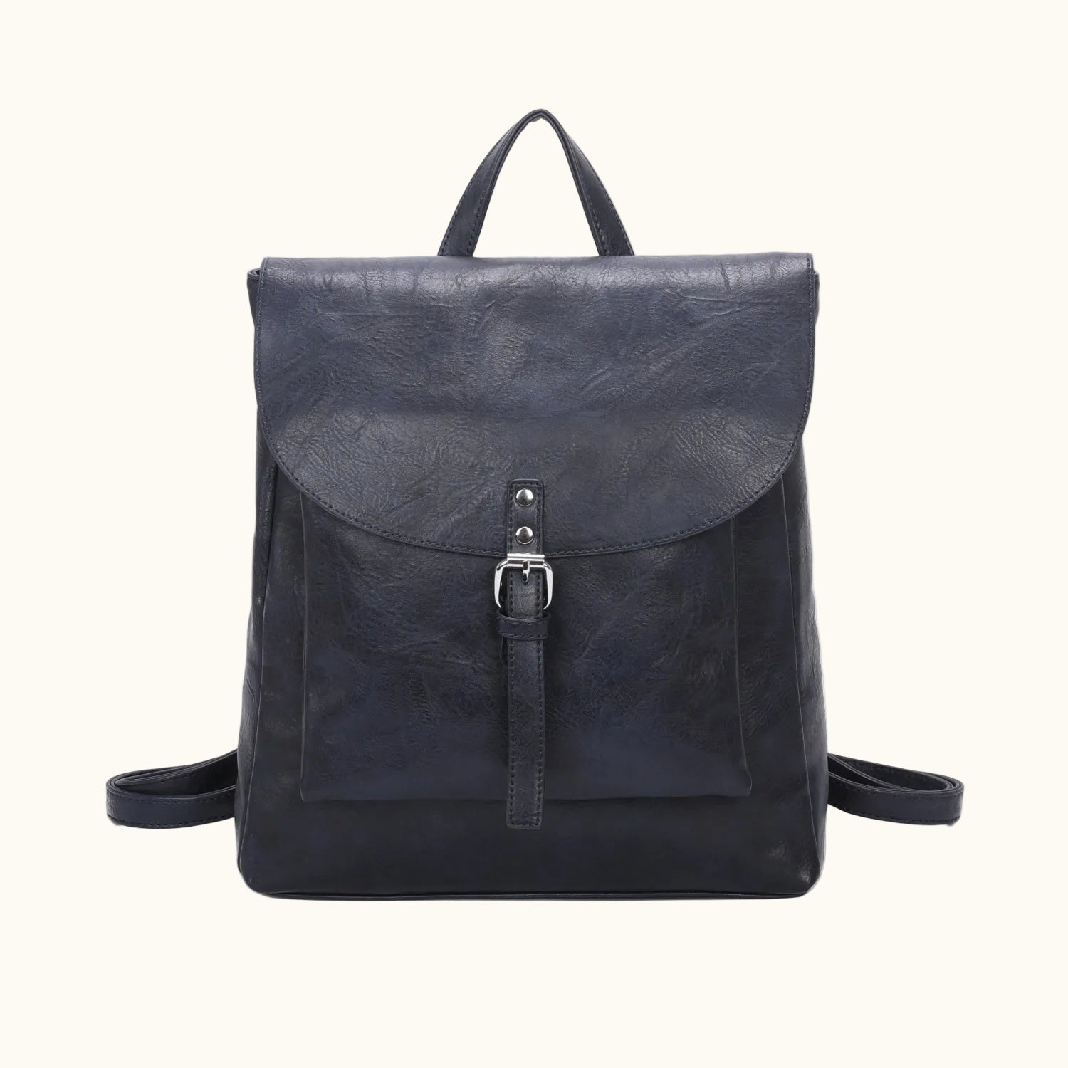 Black leather backpack on a white background