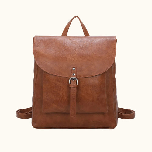 Brown leather backpack on a white background